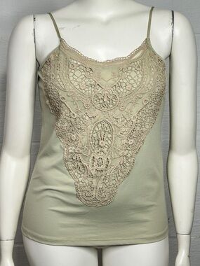 Boutique Essentials Green Cami Tank Top Size XL Crochet Lace Bib Detail Sage NEW